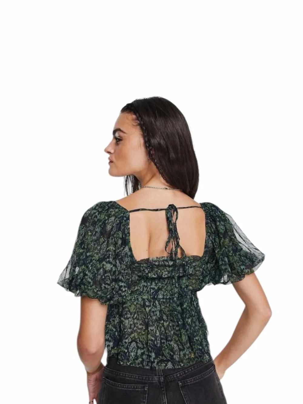 Free‎ People Penelope Dark Green Floral Smocked Square-Neck Peplum Top